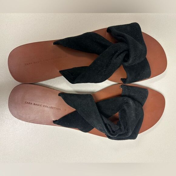ZARA 38/7-7.5 Black Suede Flat Crossover Straps Knot Flat Slip on Sandals - Picture 8 of 12